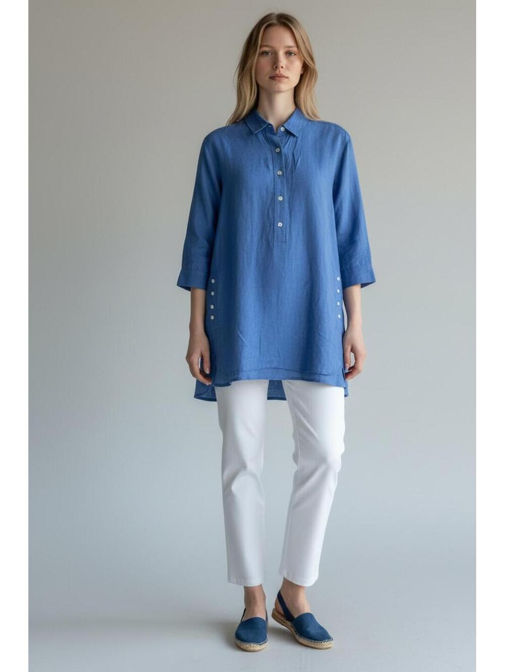 J. McLaughlin Fallon Blue Linen Popover Tunic Blouse, Women’s Size Small